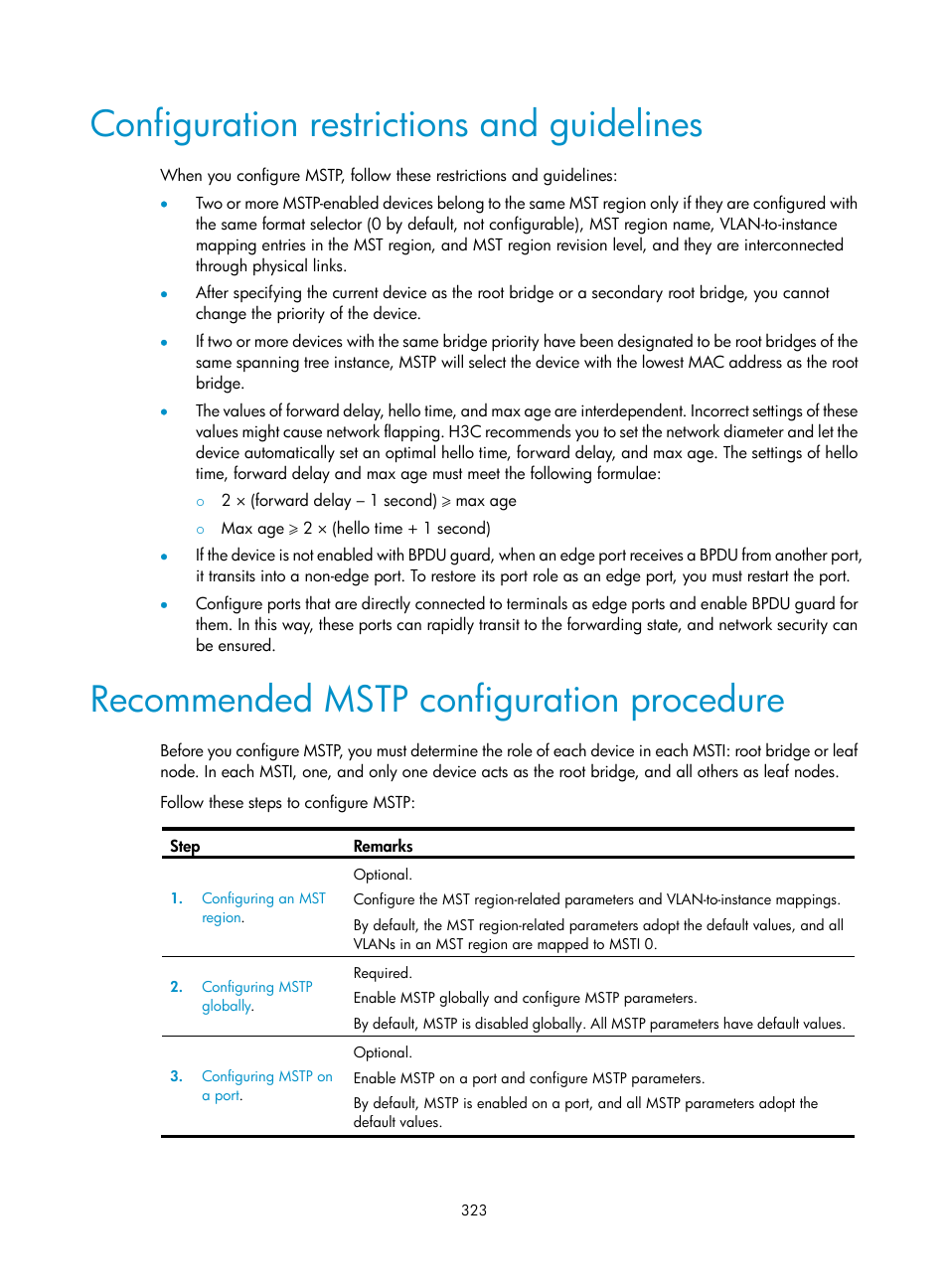 Configuration restrictions and guidelines, Recommended mstp configuration procedure | H3C Technologies H3C MSR 50 User Manual | Page 344 / 877