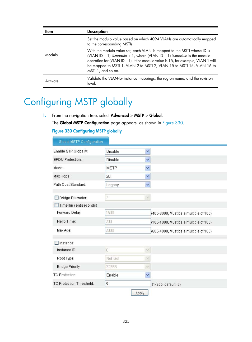 Configuring mstp globally, Configuring mstp, Globally | H3C Technologies H3C MSR 50 User Manual | Page 346 / 877