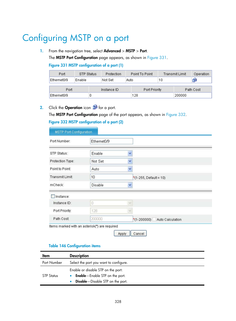 Configuring mstp on a port, Configuring mstp on, A port | H3C Technologies H3C MSR 50 User Manual | Page 349 / 877