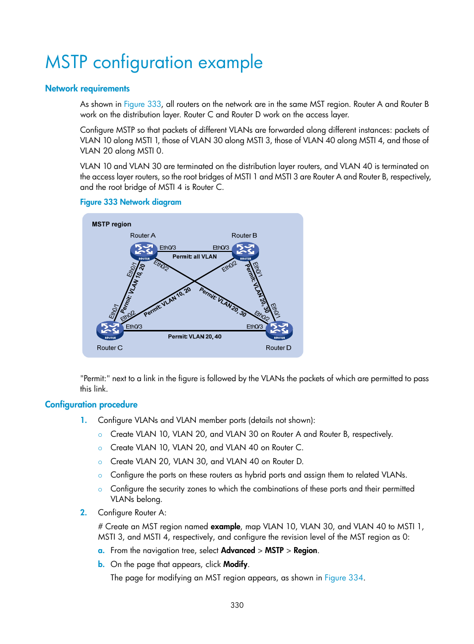 Mstp configuration example, Network requirements, Configuration procedure | H3C Technologies H3C MSR 50 User Manual | Page 351 / 877