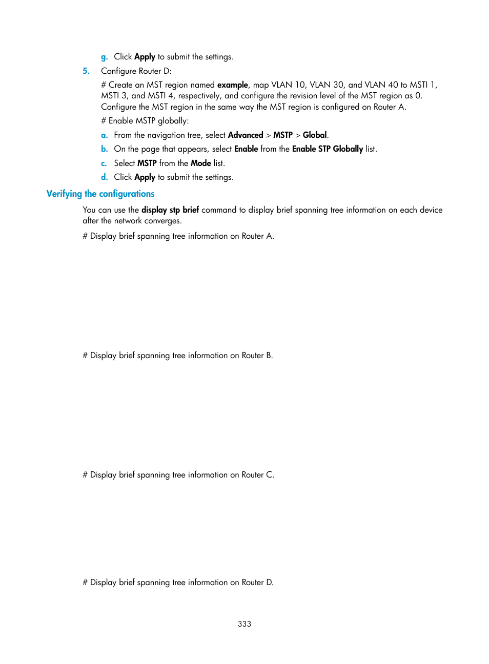 Verifying the configurations | H3C Technologies H3C MSR 50 User Manual | Page 354 / 877