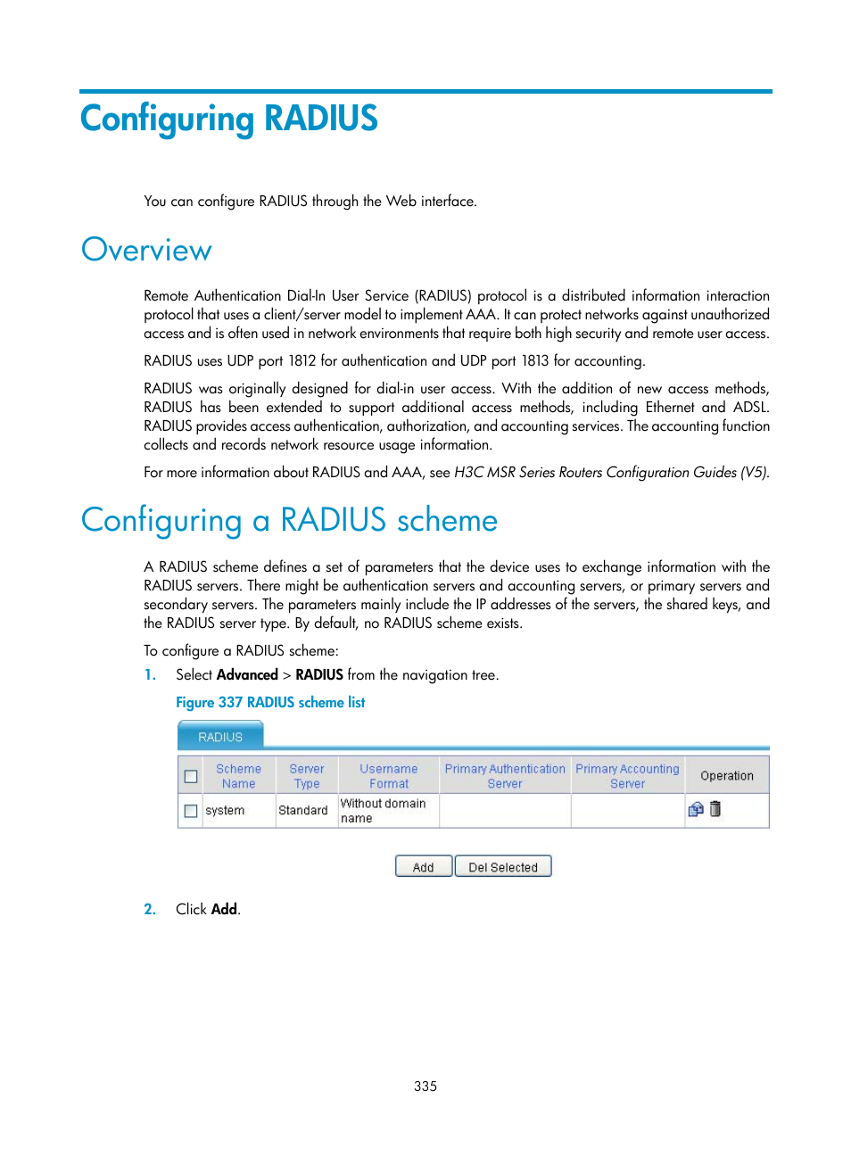 Configuring radius, Overview, Configuring a radius scheme | H3C Technologies H3C MSR 50 User Manual | Page 356 / 877