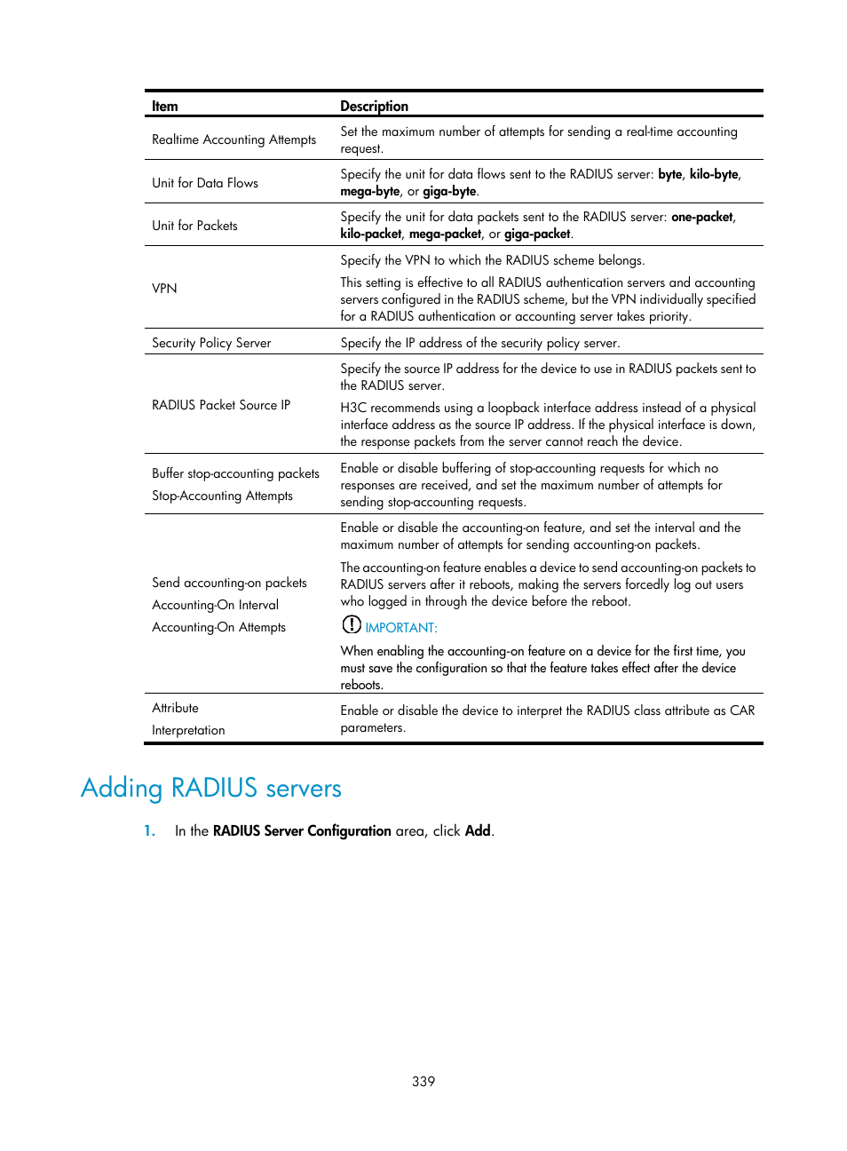 Adding radius servers, Adding, Radius servers | H3C Technologies H3C MSR 50 User Manual | Page 360 / 877