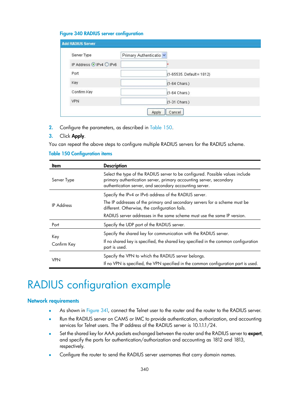 Radius configuration example, Network requirements | H3C Technologies H3C MSR 50 User Manual | Page 361 / 877