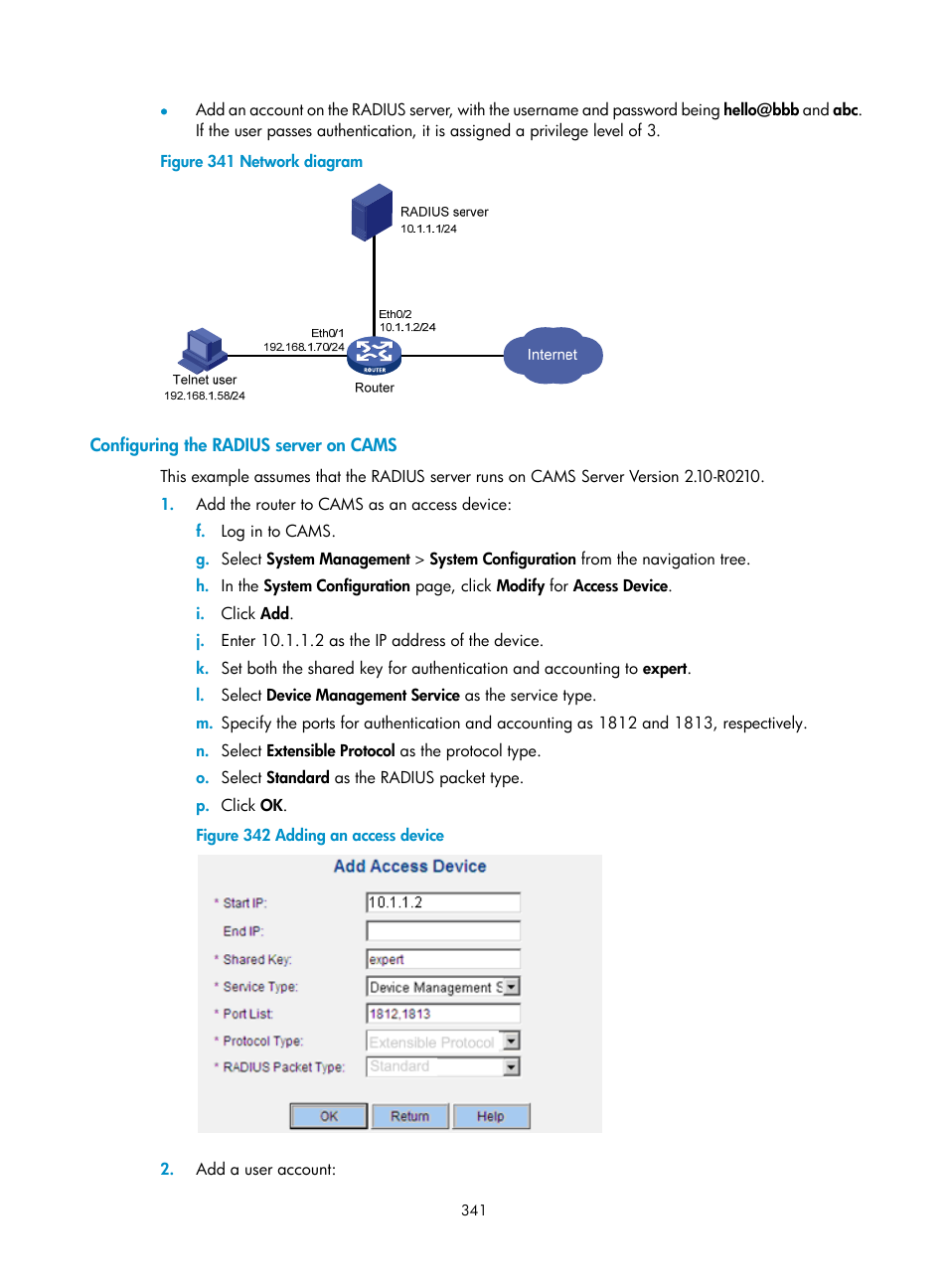 Configuring the radius server on cams, Figure 341 | H3C Technologies H3C MSR 50 User Manual | Page 362 / 877