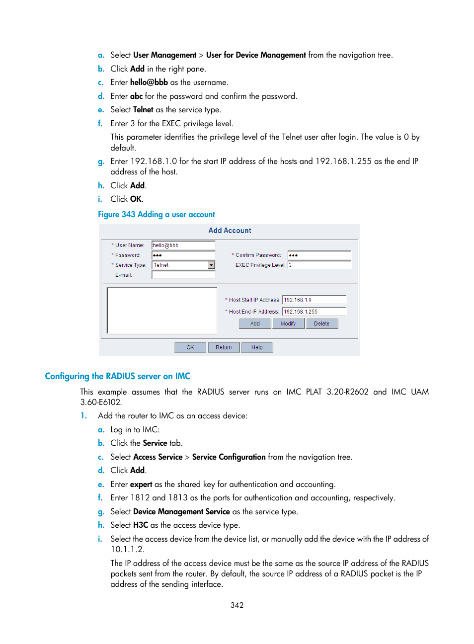 Configuring the radius server on imc | H3C Technologies H3C MSR 50 User Manual | Page 363 / 877