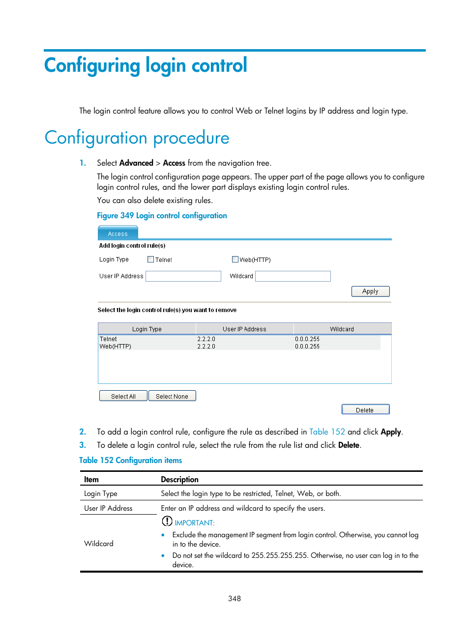 Configuring login control, Configuration procedure | H3C Technologies H3C MSR 50 User Manual | Page 369 / 877