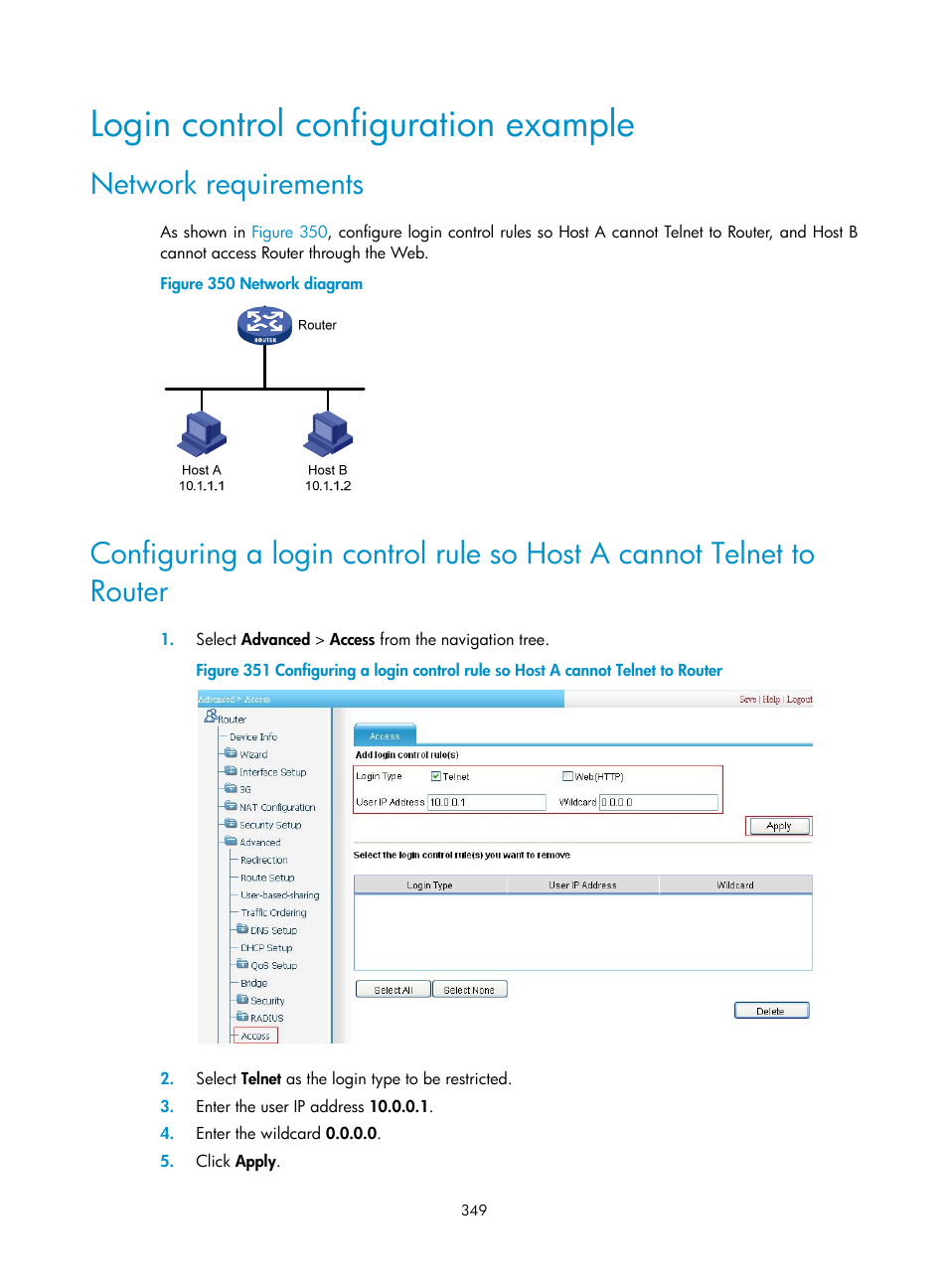 Login control configuration example, Network requirements | H3C Technologies H3C MSR 50 User Manual | Page 370 / 877