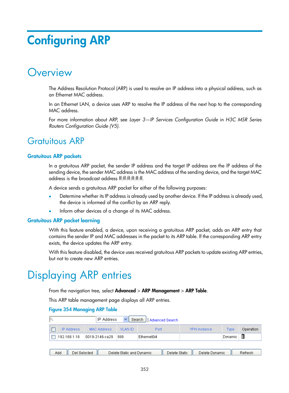 Configuring arp, Overview, Gratuitous arp | Gratuitous arp packets, Gratuitous arp packet learning, Displaying arp entries | H3C Technologies H3C MSR 50 User Manual | Page 373 / 877