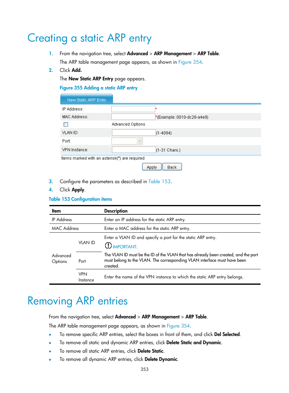 Creating a static arp entry, Removing arp entries | H3C Technologies H3C MSR 50 User Manual | Page 374 / 877