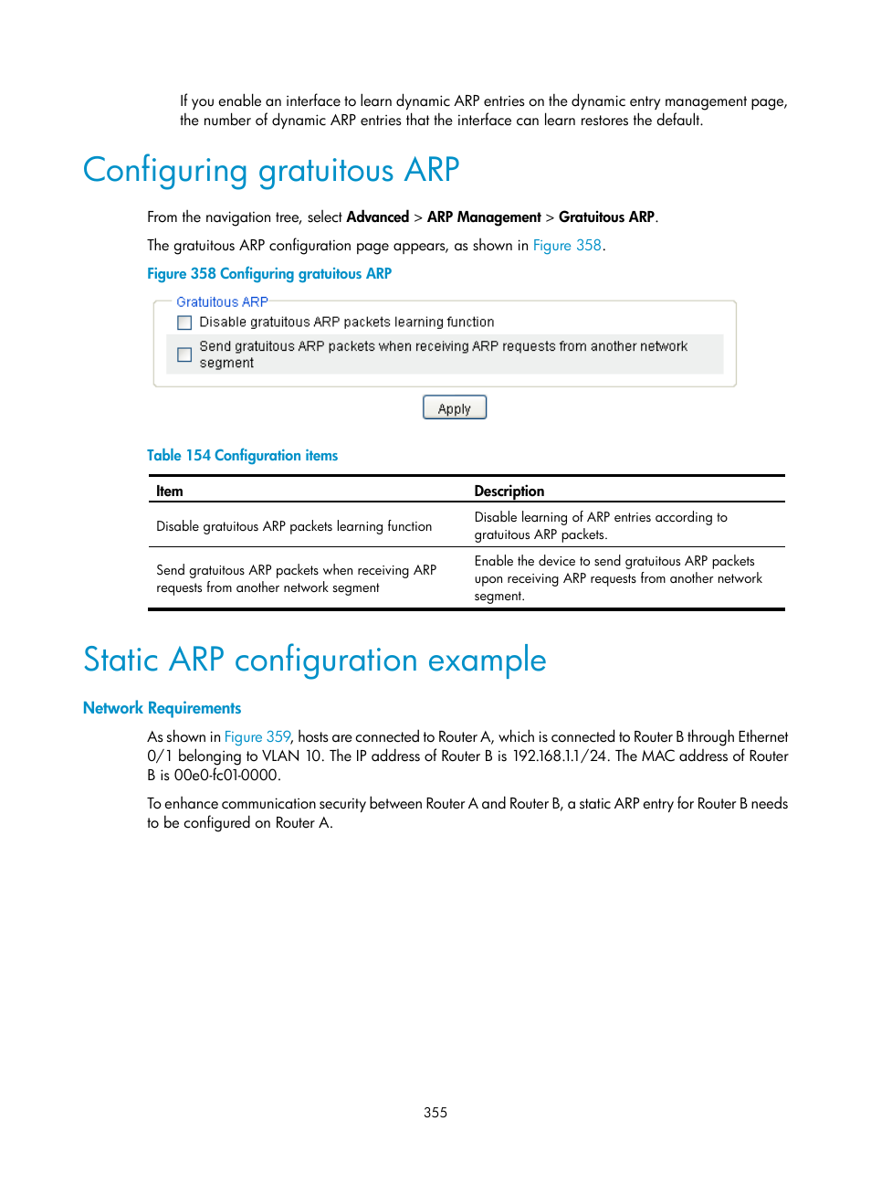 Configuring gratuitous arp, Static arp configuration example, Network requirements | H3C Technologies H3C MSR 50 User Manual | Page 376 / 877