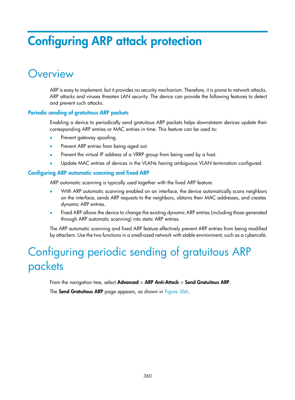 Configuring arp attack protection, Overview, Periodic sending of gratuitous arp packets | Configuring arp automatic scanning and fixed arp | H3C Technologies H3C MSR 50 User Manual | Page 381 / 877