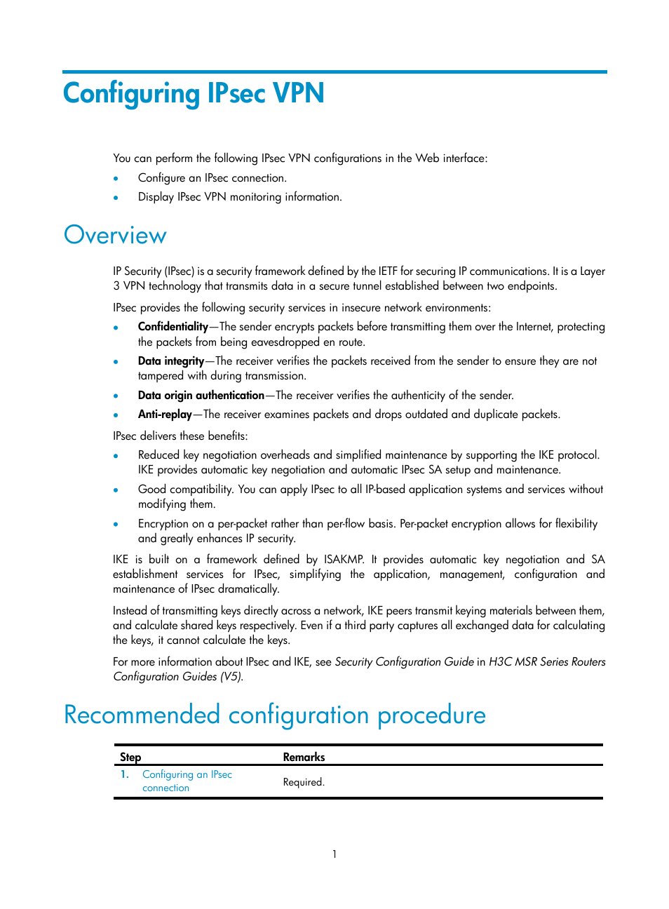 Configuring ipsec vpn, Overview, Recommended configuration procedure | H3C Technologies H3C MSR 50 User Manual | Page 386 / 877