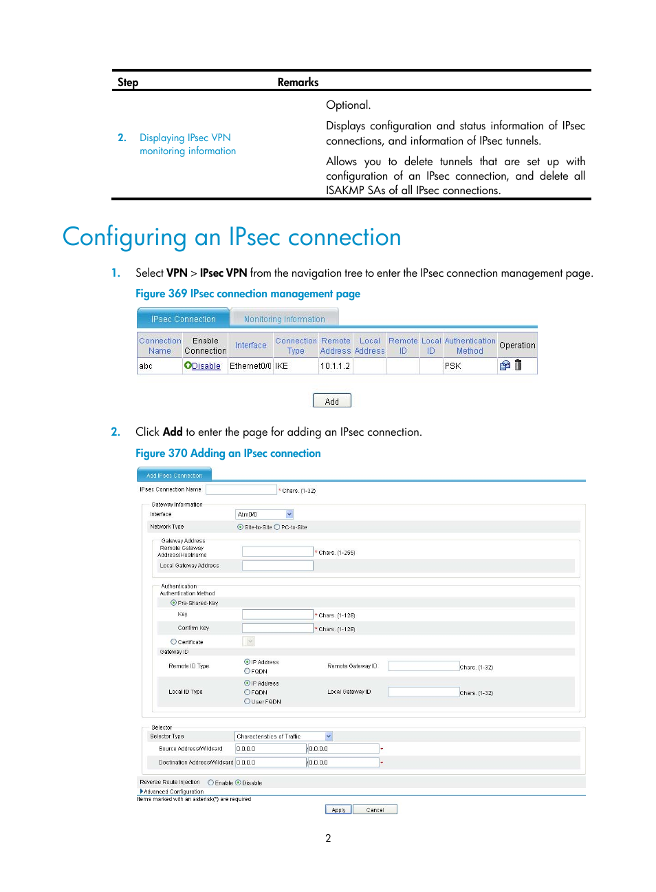 Configuring an ipsec connection | H3C Technologies H3C MSR 50 User Manual | Page 387 / 877