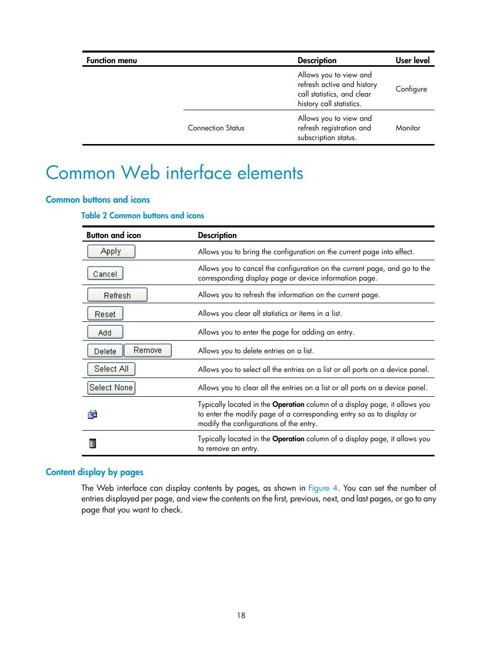 Common web interface elements, Common buttons and icons | H3C Technologies H3C MSR 50 User Manual | Page 39 / 877