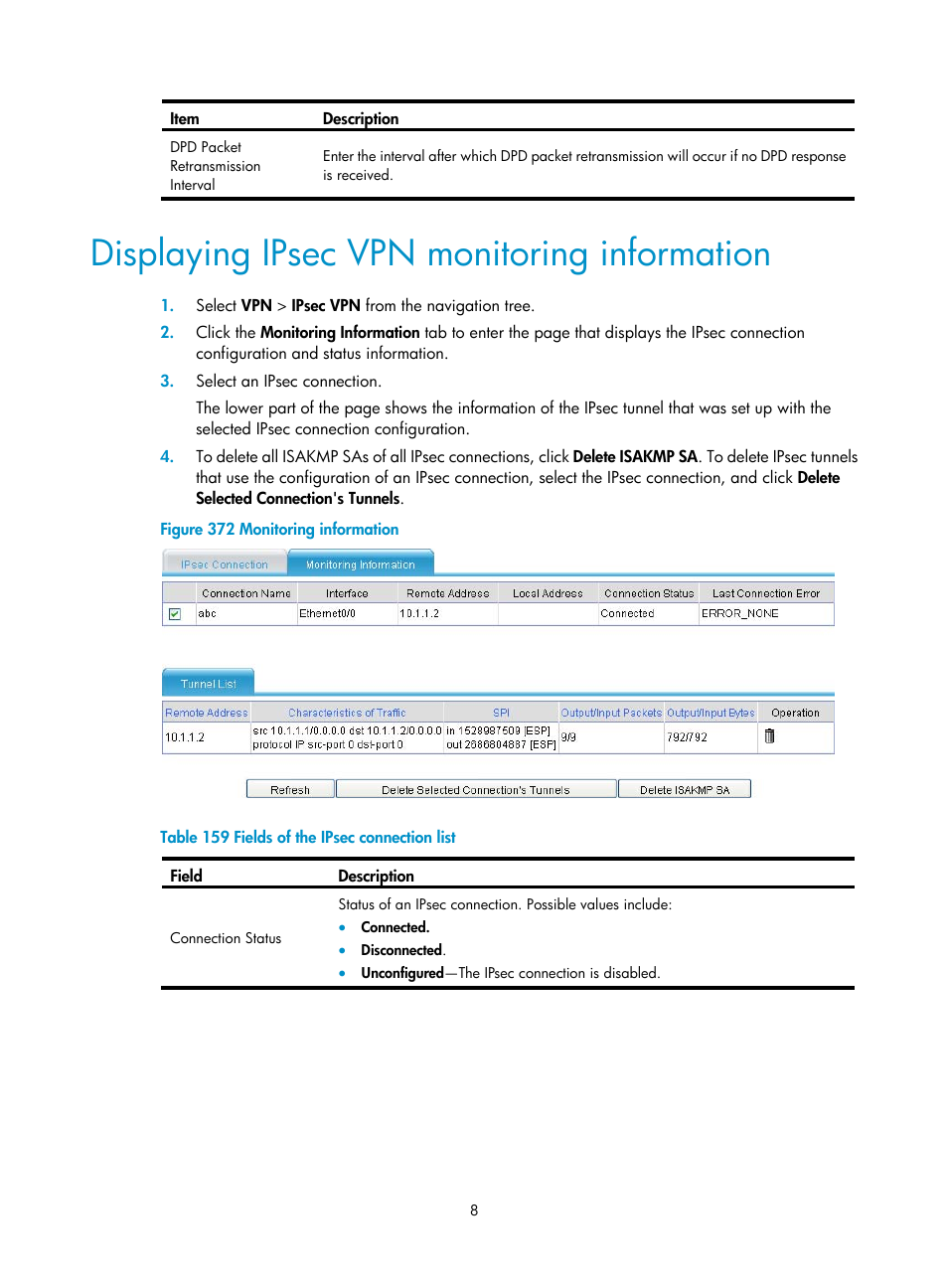 Displaying ipsec vpn monitoring information | H3C Technologies H3C MSR 50 User Manual | Page 393 / 877