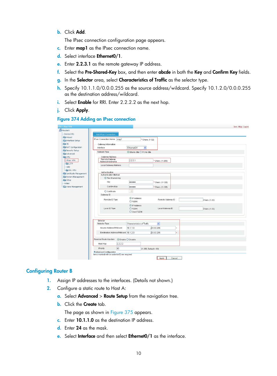 Configuring router b | H3C Technologies H3C MSR 50 User Manual | Page 395 / 877