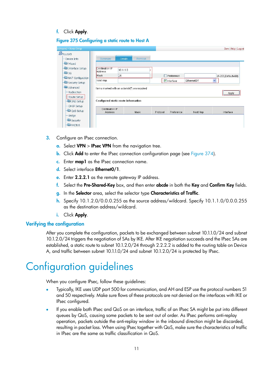 Verifying the configuration, Configuration guidelines | H3C Technologies H3C MSR 50 User Manual | Page 396 / 877