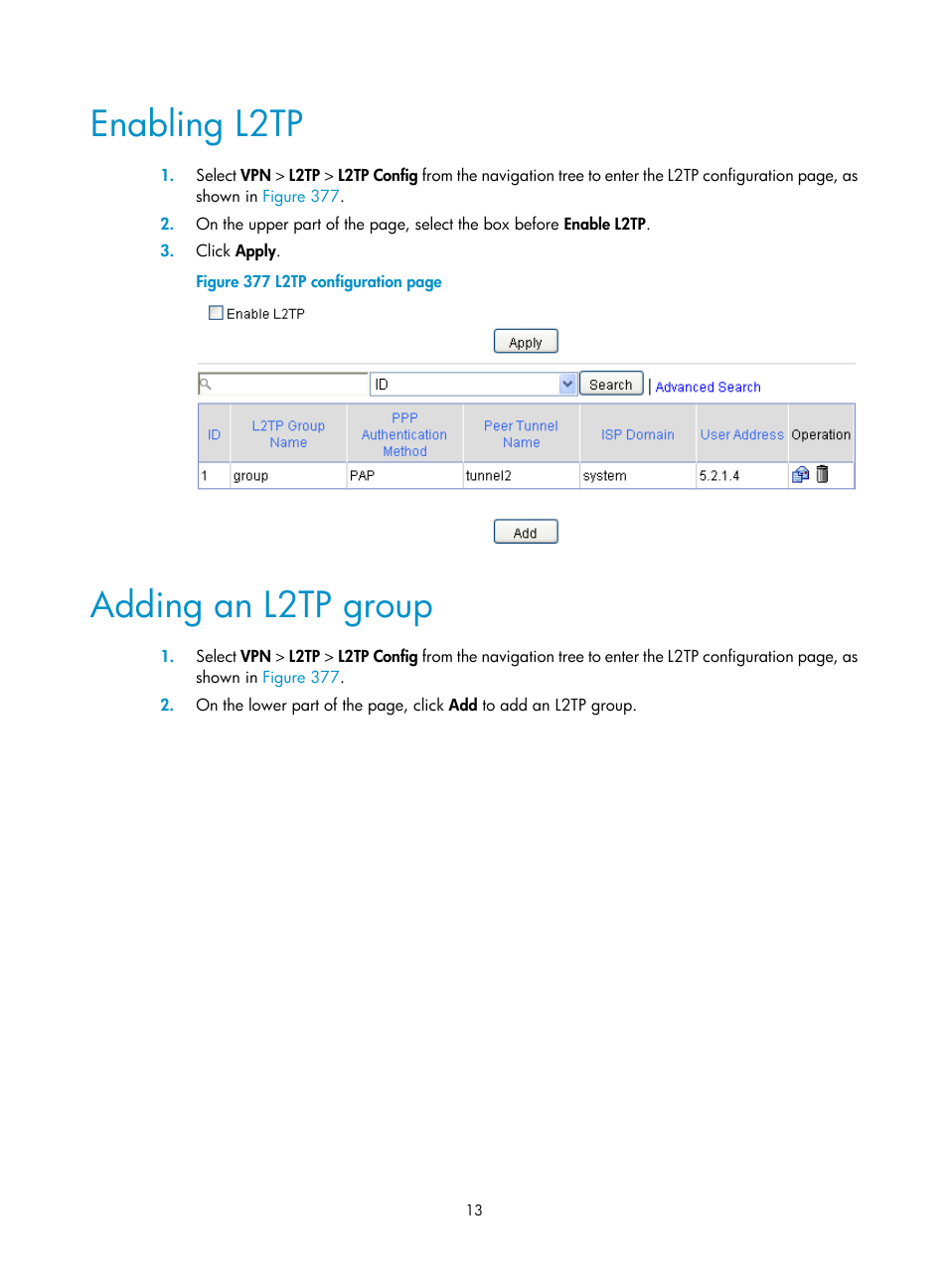 Enabling l2tp, Adding an l2tp group | H3C Technologies H3C MSR 50 User Manual | Page 398 / 877