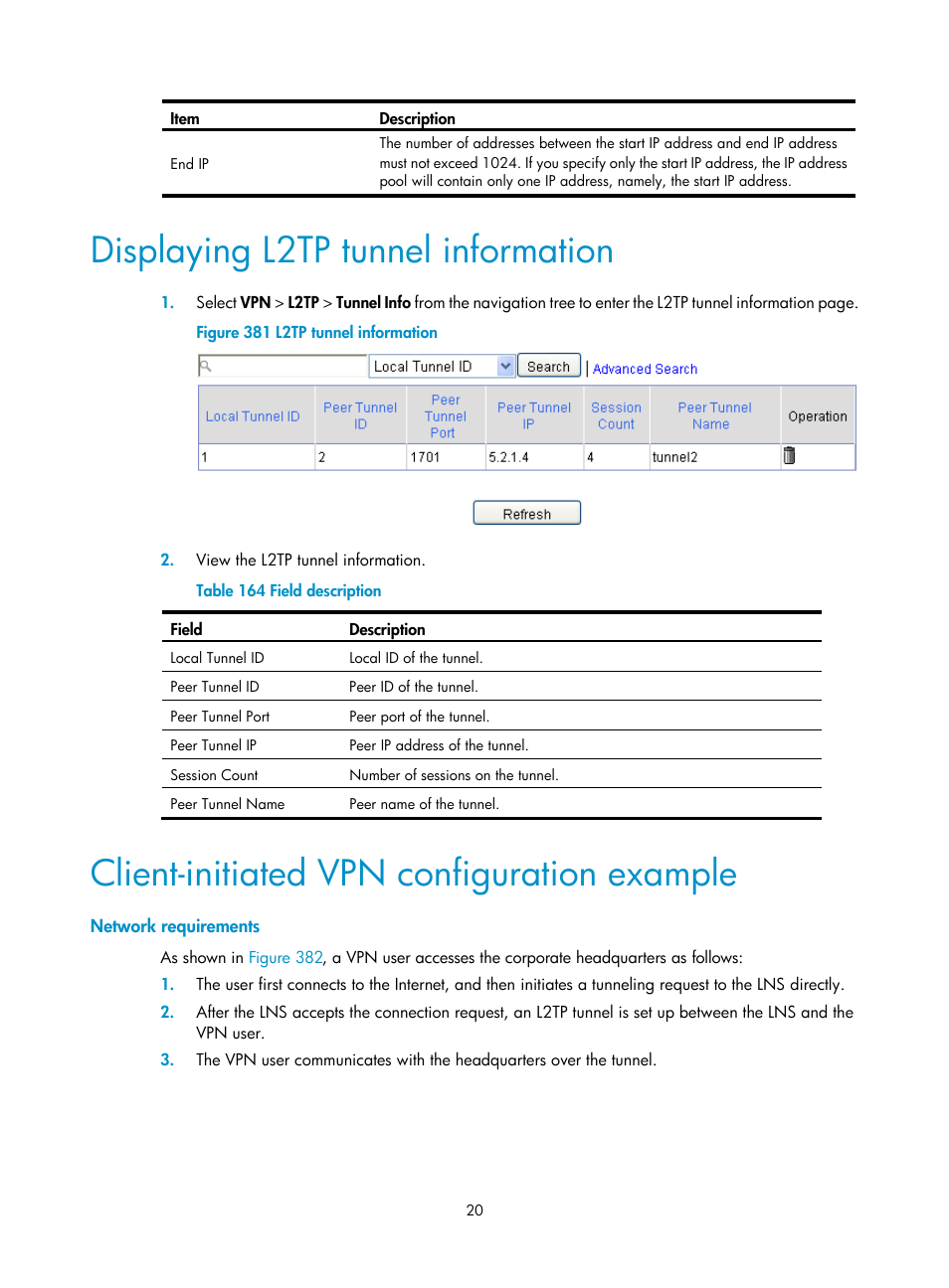 Displaying l2tp tunnel information, Client-initiated vpn configuration example, Network requirements | H3C Technologies H3C MSR 50 User Manual | Page 405 / 877