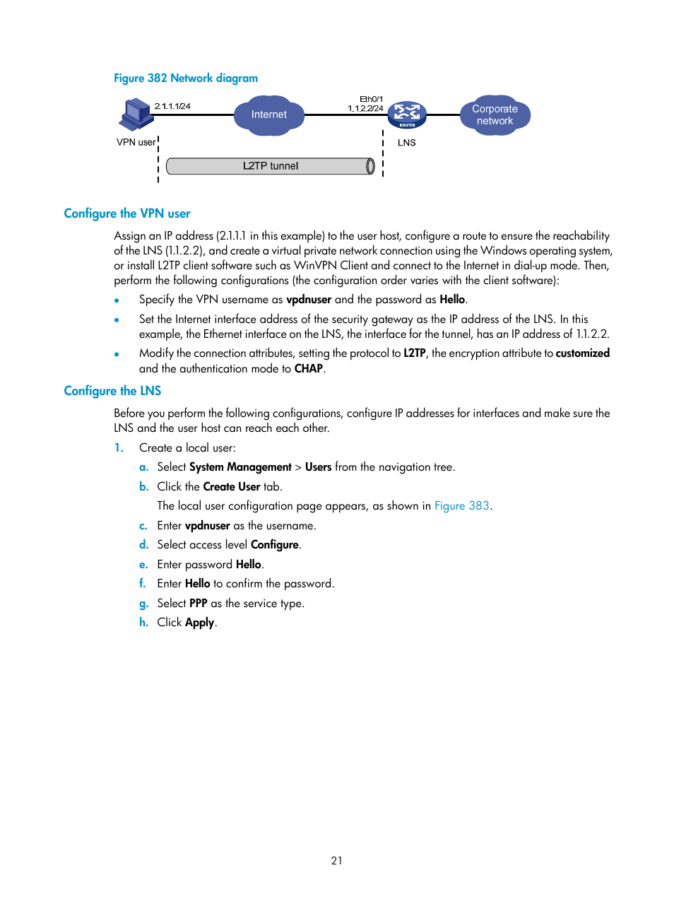 Configure the vpn user, Configure the lns | H3C Technologies H3C MSR 50 User Manual | Page 406 / 877