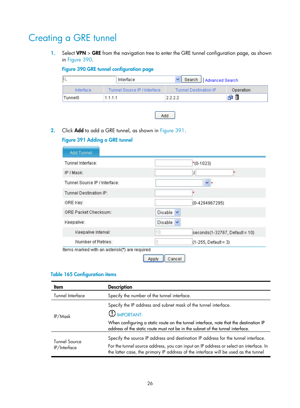 Creating a gre tunnel | H3C Technologies H3C MSR 50 User Manual | Page 411 / 877