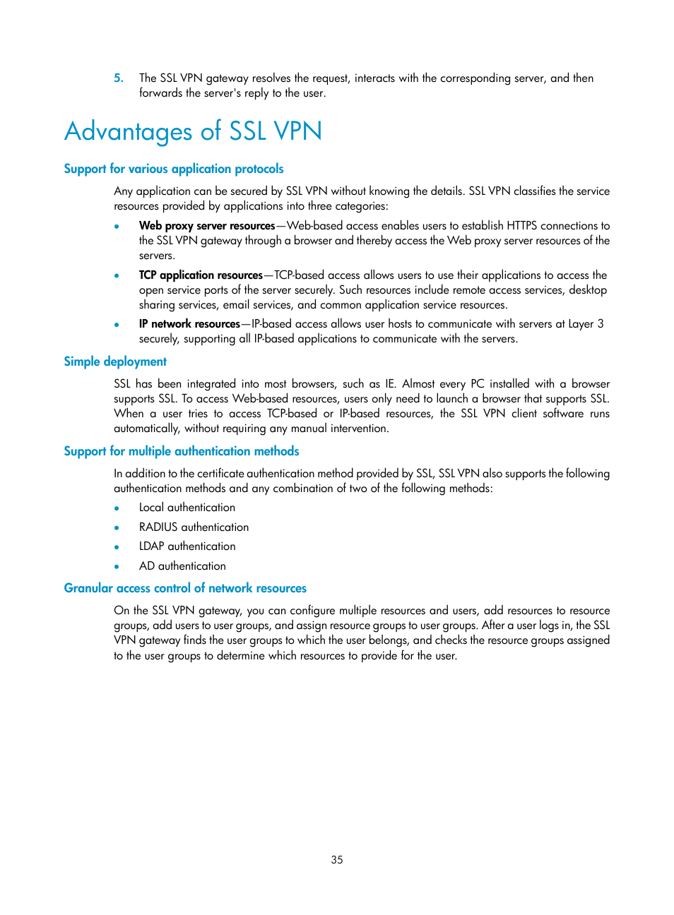 Advantages of ssl vpn, Support for various application protocols, Simple deployment | Support for multiple authentication methods, Granular access control of network resources | H3C Technologies H3C MSR 50 User Manual | Page 420 / 877