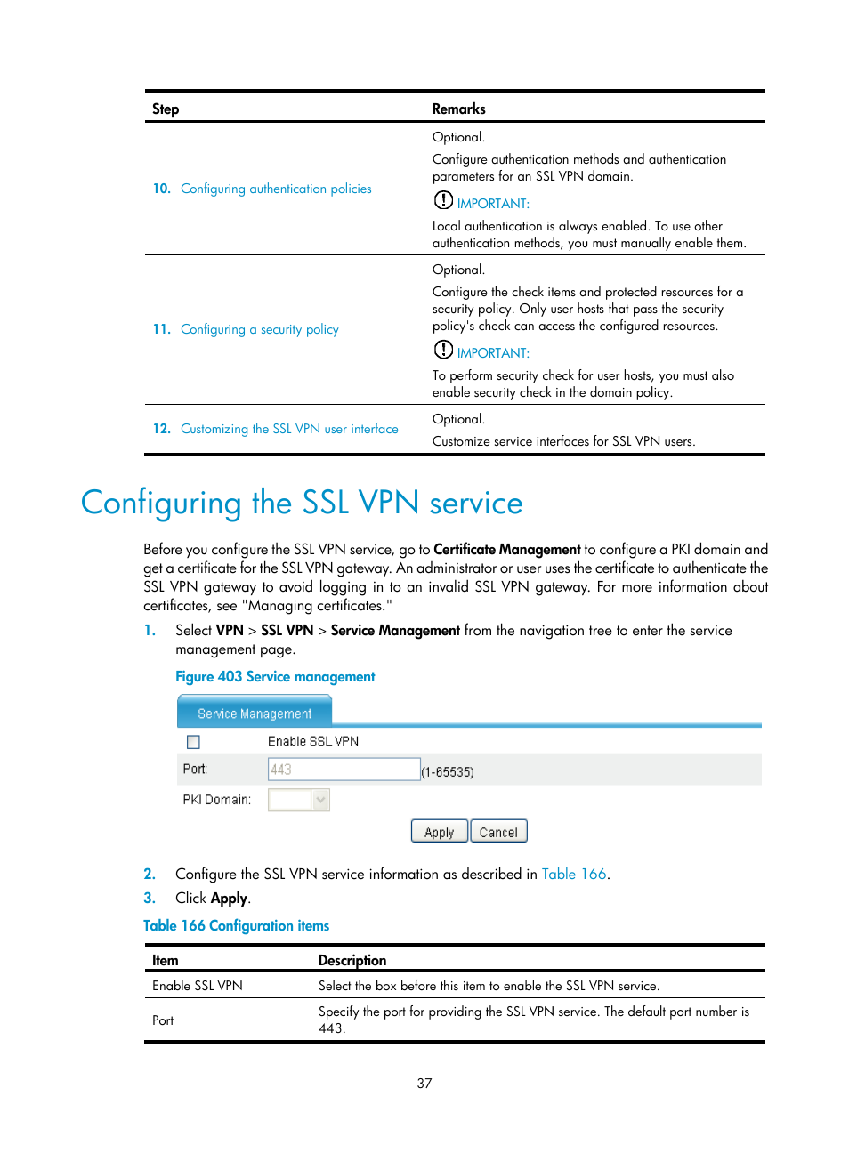 Configuring the ssl vpn service | H3C Technologies H3C MSR 50 User Manual | Page 422 / 877