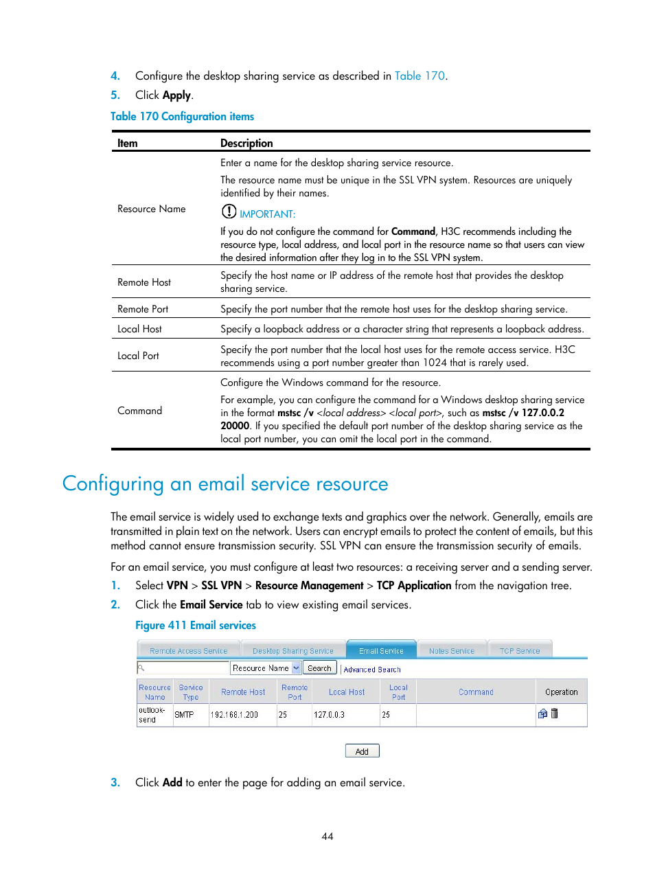 Configuring an email service resource | H3C Technologies H3C MSR 50 User Manual | Page 429 / 877