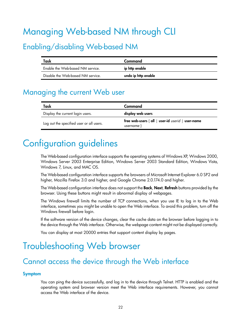 Managing web-based nm through cli, Enabling/disabling web-based nm, Managing the current web user | Configuration guidelines, Troubleshooting web browser, Cannot access the device through the web interface, Symptom | H3C Technologies H3C MSR 50 User Manual | Page 43 / 877