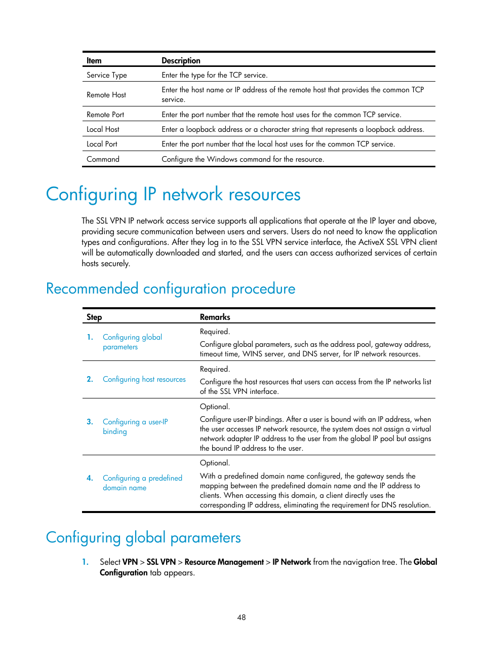 Configuring ip network resources, Recommended configuration procedure, Configuring global parameters | H3C Technologies H3C MSR 50 User Manual | Page 433 / 877