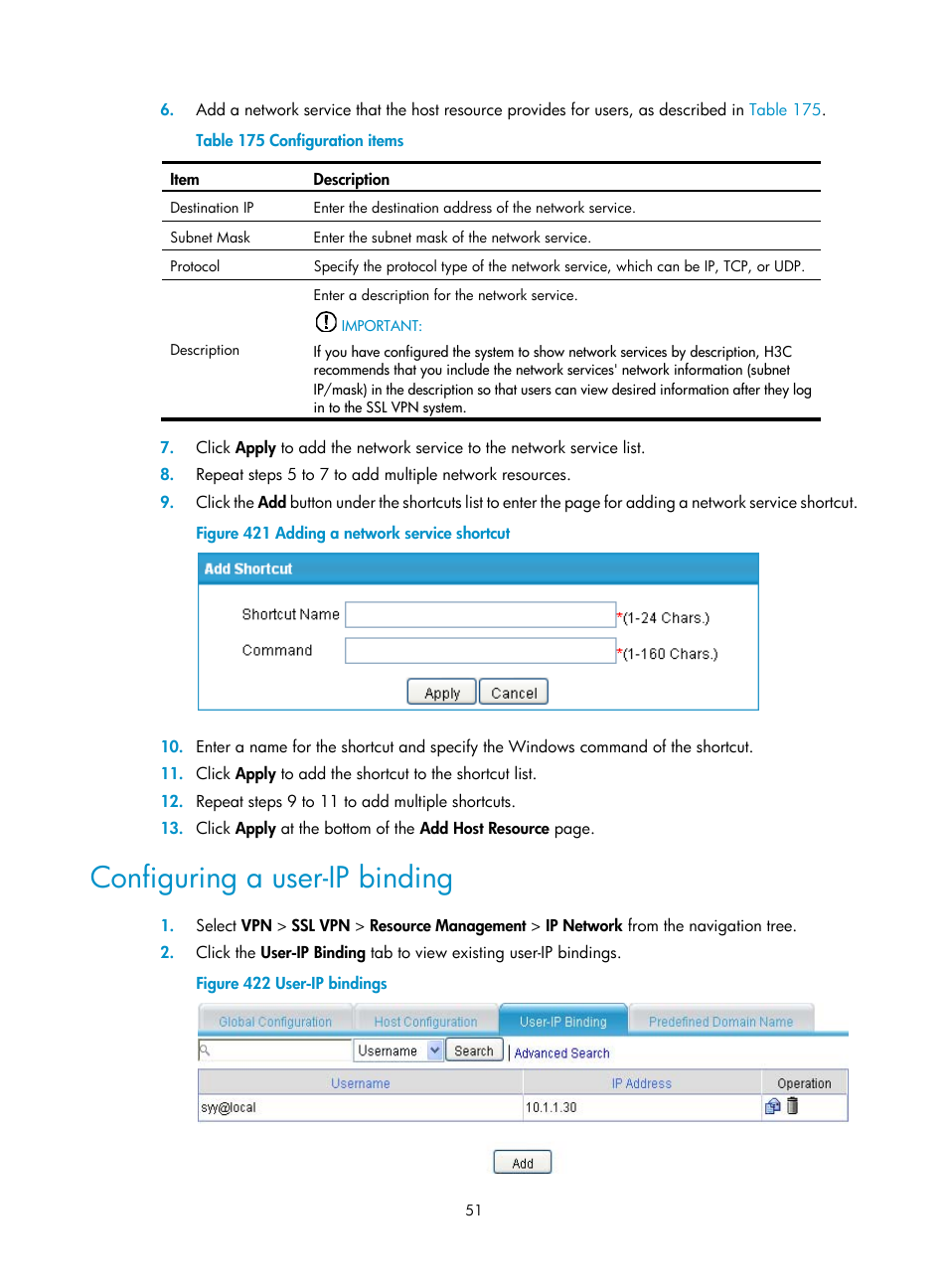 Configuring a user-ip binding, Configuring a user-ip, Binding | H3C Technologies H3C MSR 50 User Manual | Page 436 / 877