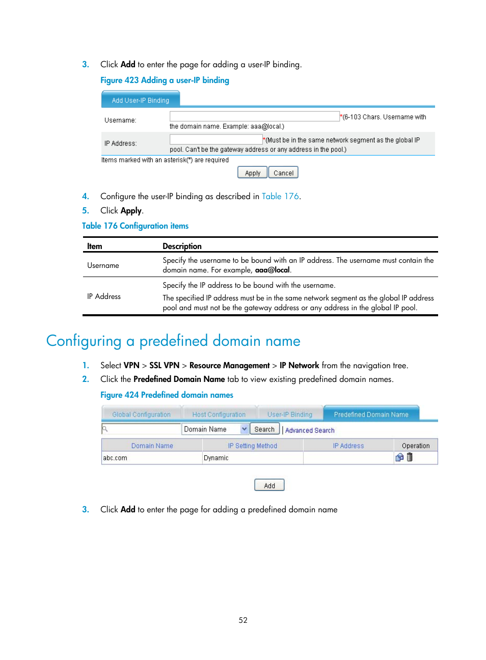 Configuring a predefined domain name, Configuring a predefined, Domain name | H3C Technologies H3C MSR 50 User Manual | Page 437 / 877