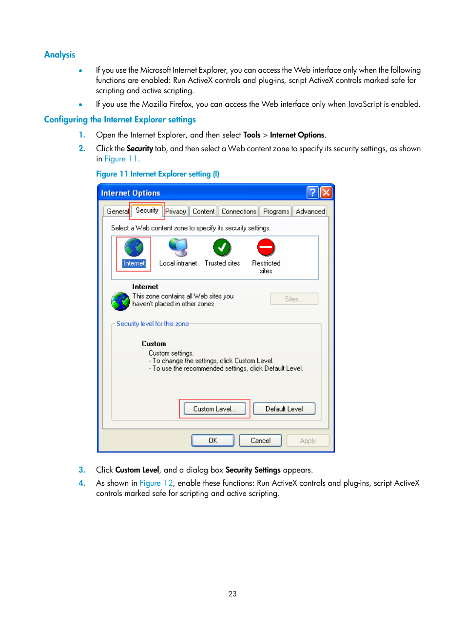 Analysis, Configuring the internet explorer settings | H3C Technologies H3C MSR 50 User Manual | Page 44 / 877