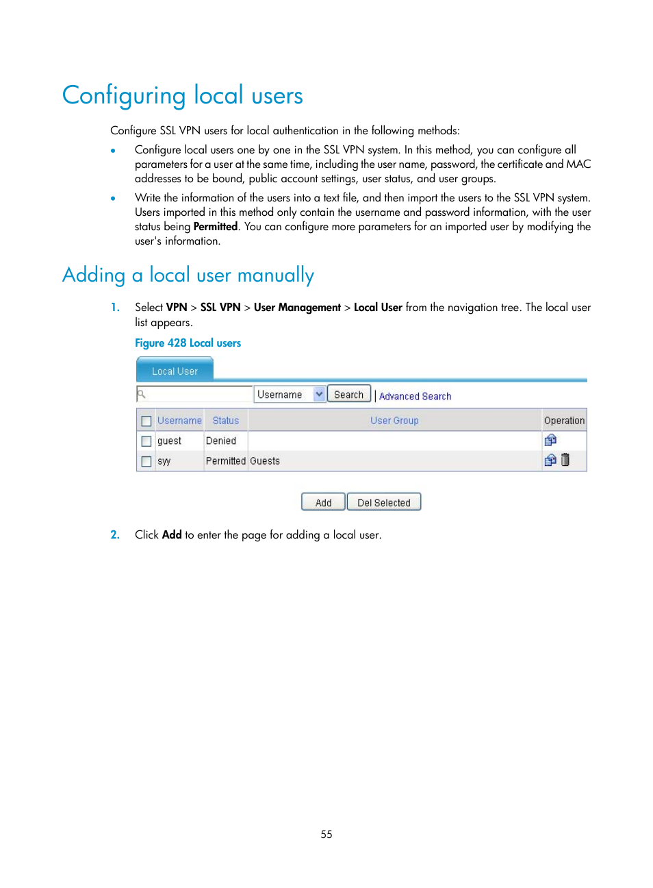 Configuring local users, Adding a local user manually | H3C Technologies H3C MSR 50 User Manual | Page 440 / 877