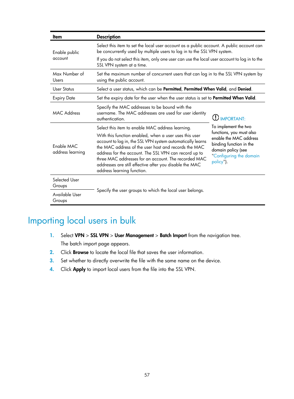 Importing local users in bulk | H3C Technologies H3C MSR 50 User Manual | Page 442 / 877