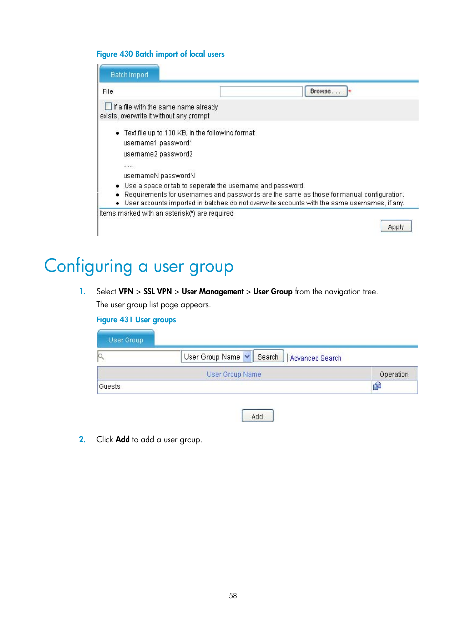 Configuring a user group | H3C Technologies H3C MSR 50 User Manual | Page 443 / 877