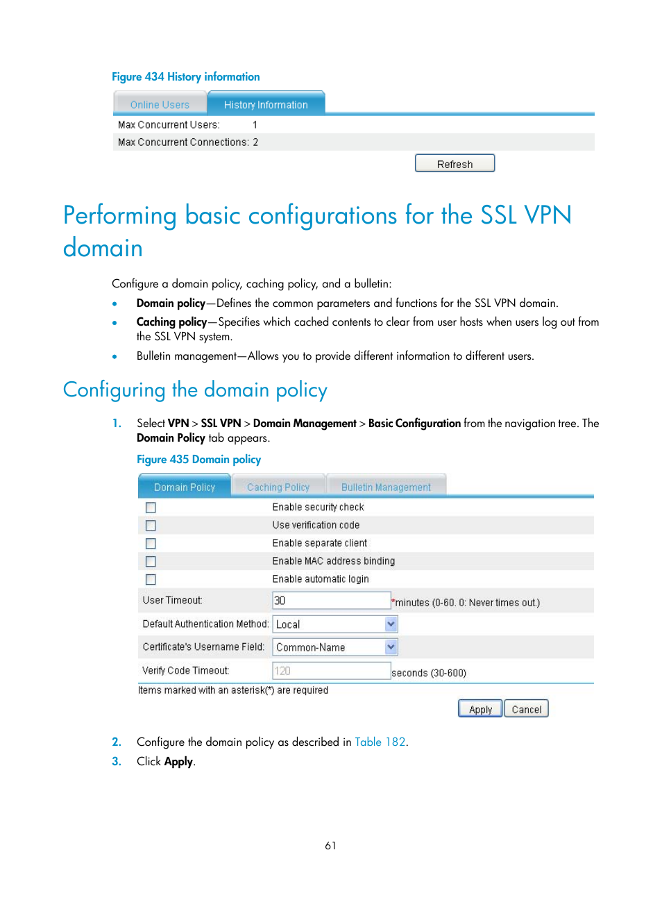 Configuring the domain policy, Performing basic configurations for the ssl, Vpn domain | Configuring the domain, Policy | H3C Technologies H3C MSR 50 User Manual | Page 446 / 877