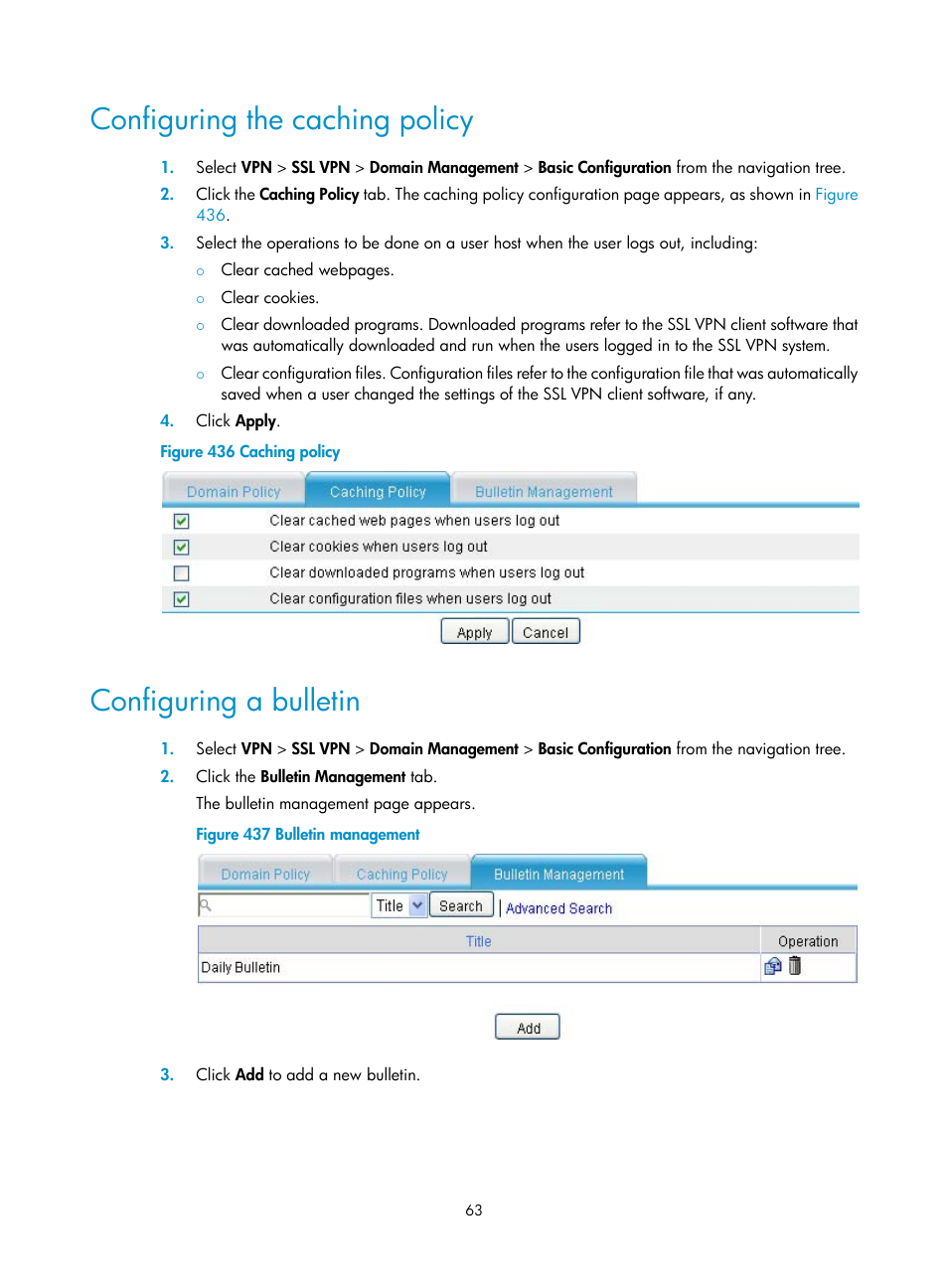 Configuring the caching policy, Configuring a bulletin | H3C Technologies H3C MSR 50 User Manual | Page 448 / 877