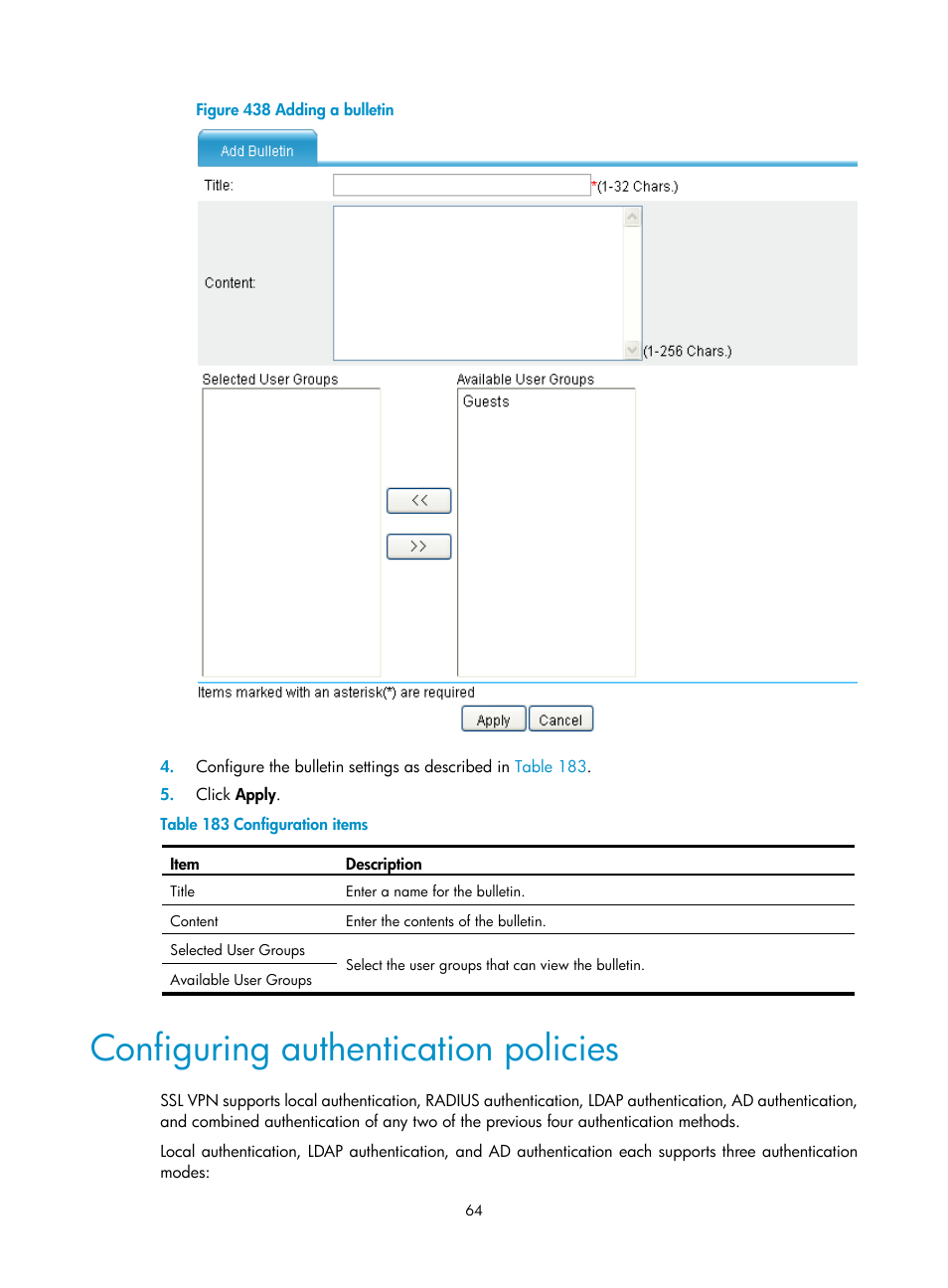 Configuring authentication policies | H3C Technologies H3C MSR 50 User Manual | Page 449 / 877