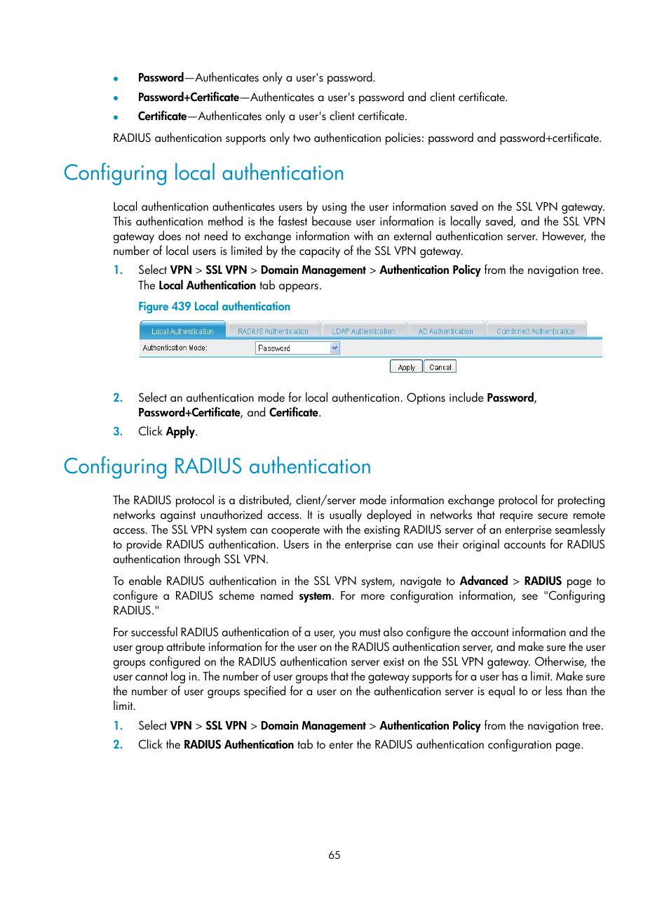 Configuring local authentication, Configuring radius authentication | H3C Technologies H3C MSR 50 User Manual | Page 450 / 877