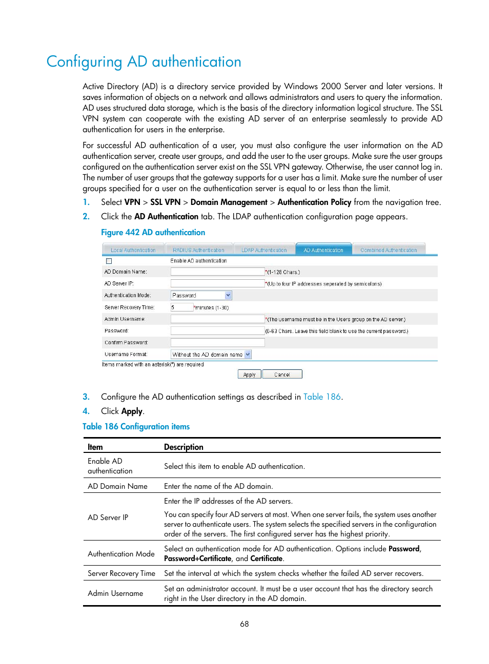 Configuring ad authentication | H3C Technologies H3C MSR 50 User Manual | Page 453 / 877