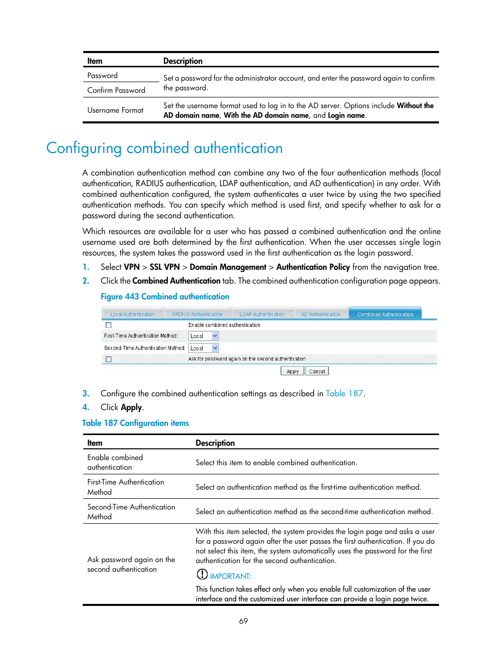 Configuring combined authentication | H3C Technologies H3C MSR 50 User Manual | Page 454 / 877