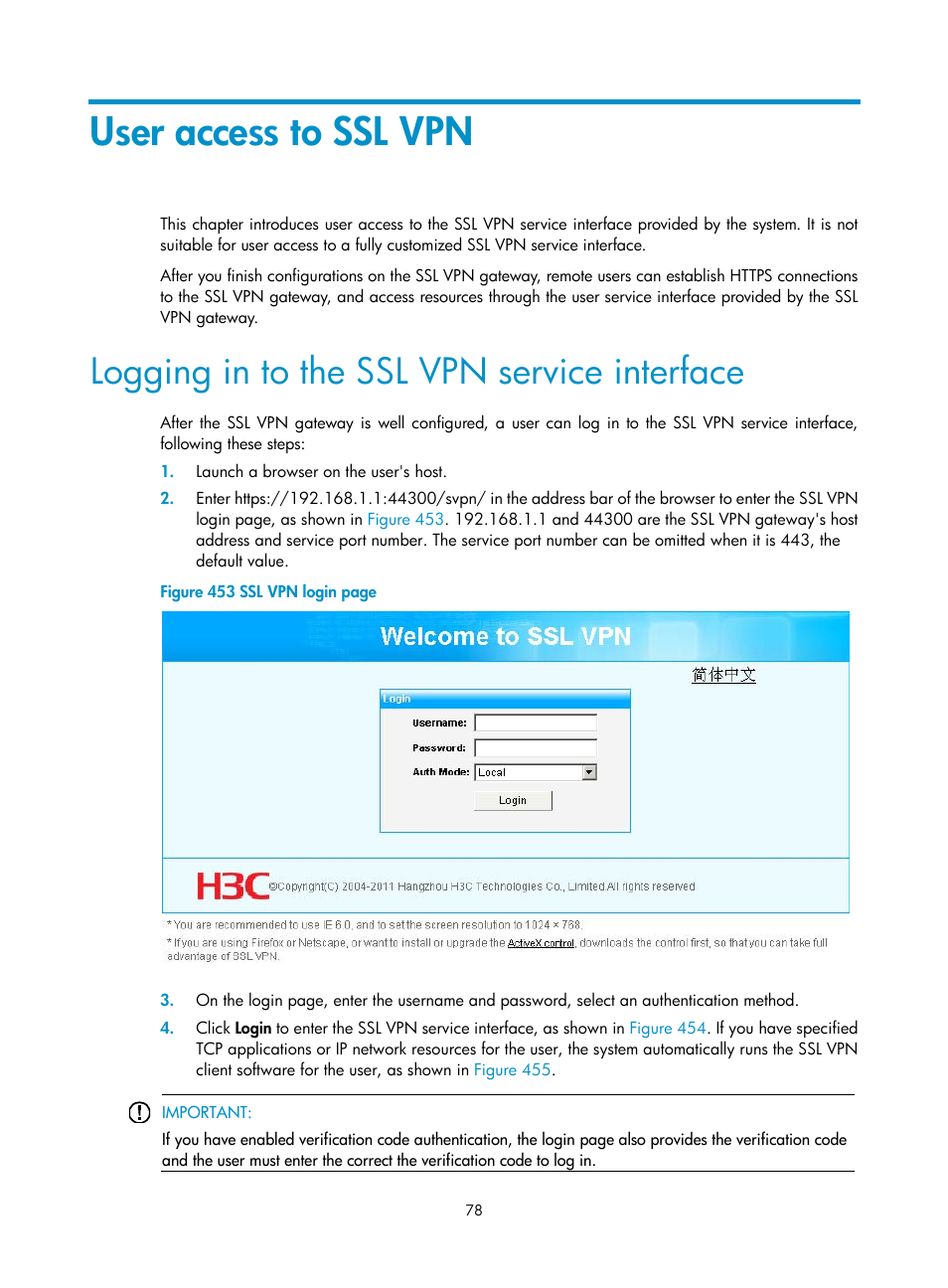 User access to ssl vpn, Logging in to the ssl vpn service interface | H3C Technologies H3C MSR 50 User Manual | Page 463 / 877