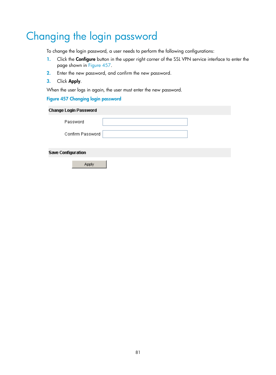 Changing the login password | H3C Technologies H3C MSR 50 User Manual | Page 466 / 877