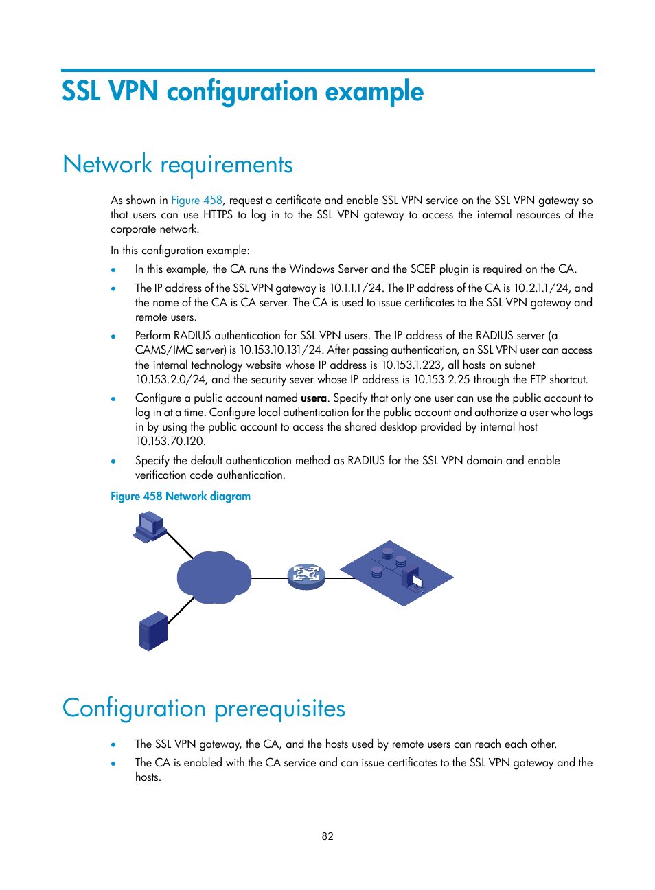 Ssl vpn configuration example, Network requirements, Configuration prerequisites | H3C Technologies H3C MSR 50 User Manual | Page 467 / 877