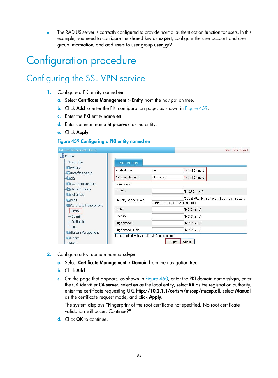 Configuration procedure, Configuring the ssl vpn service | H3C Technologies H3C MSR 50 User Manual | Page 468 / 877