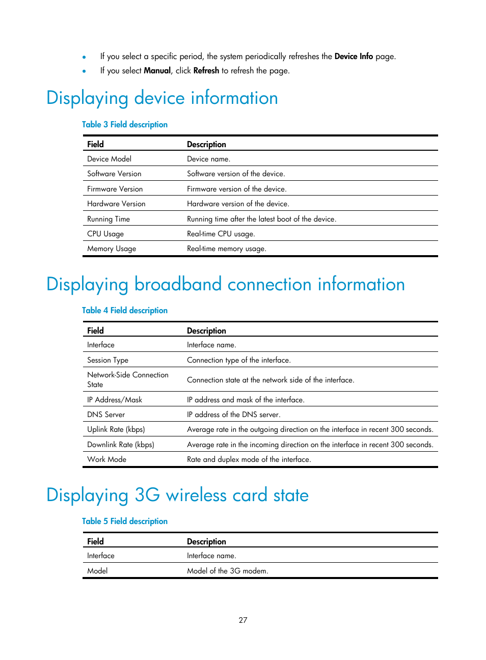 Displaying device information, Displaying broadband connection information, Displaying 3g wireless card state | H3C Technologies H3C MSR 50 User Manual | Page 48 / 877