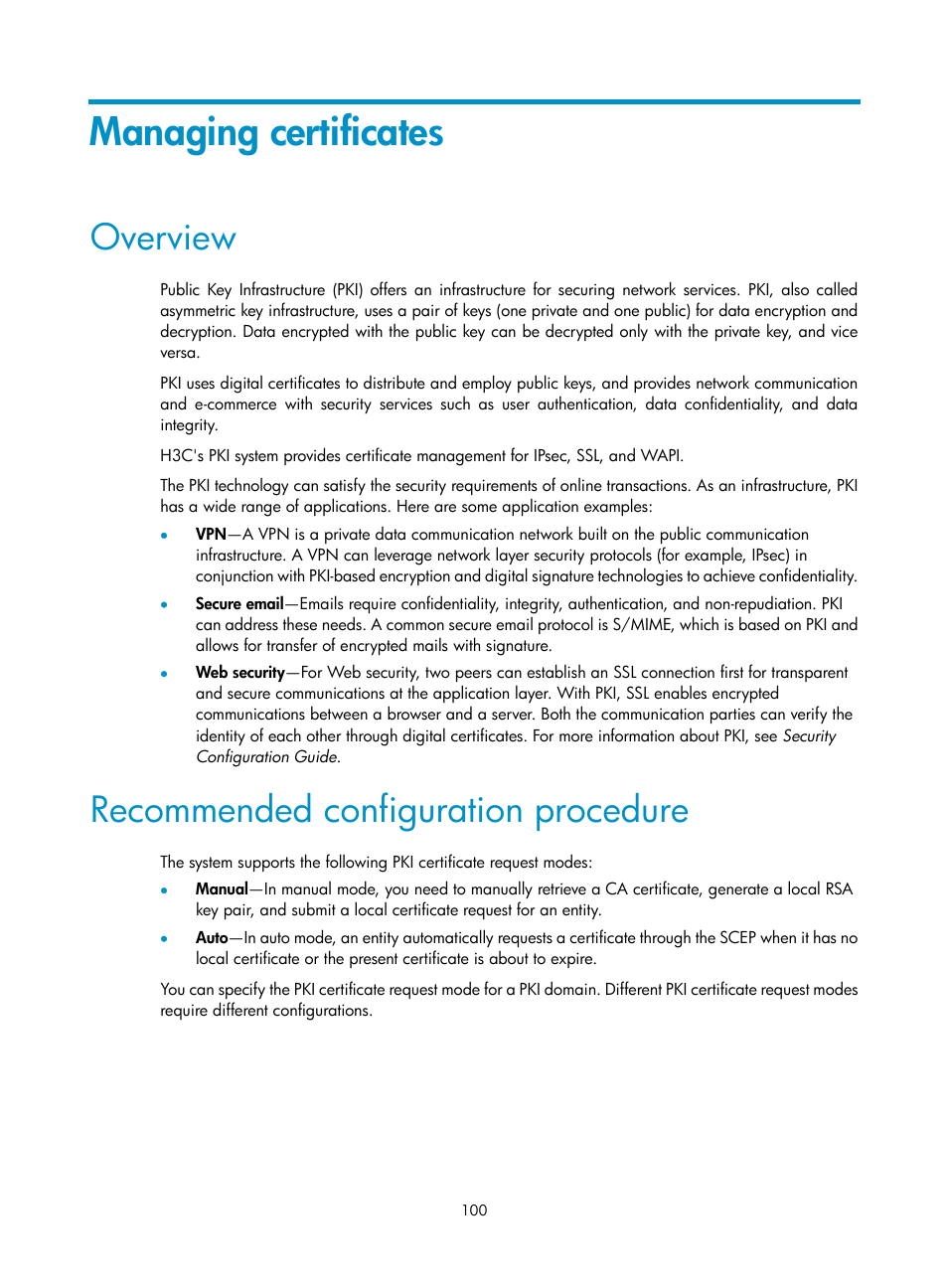 Managing certificates, Overview, Recommended configuration procedure | H3C Technologies H3C MSR 50 User Manual | Page 485 / 877