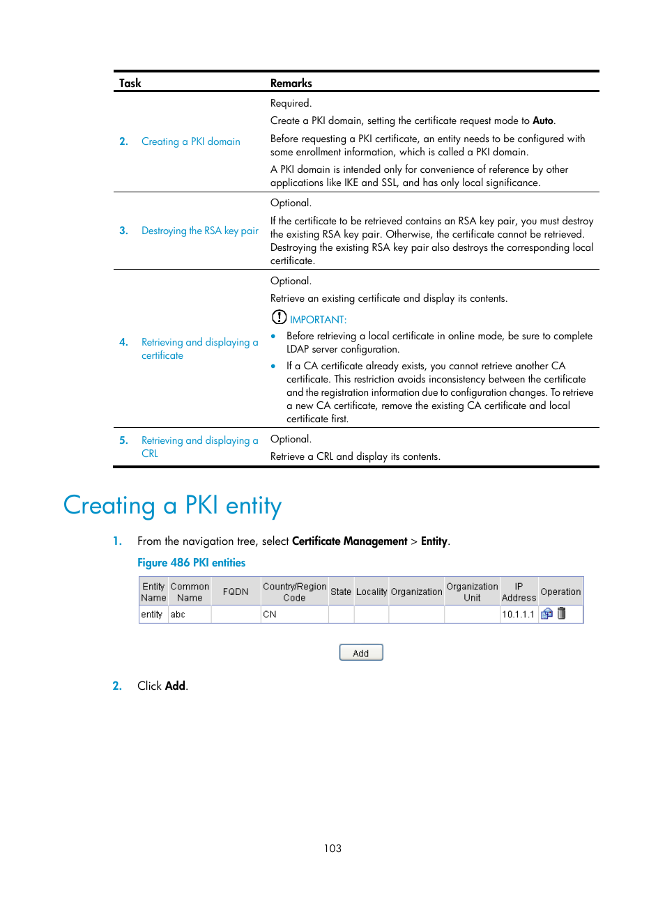 Creating a pki entity | H3C Technologies H3C MSR 50 User Manual | Page 488 / 877